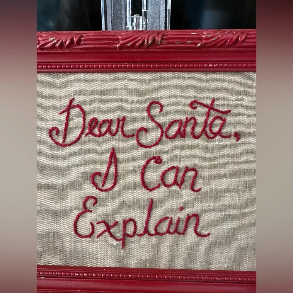 Handmade Primitive Christmas Sampler Cross Stitch Dear Santa I Can Explain OOAK